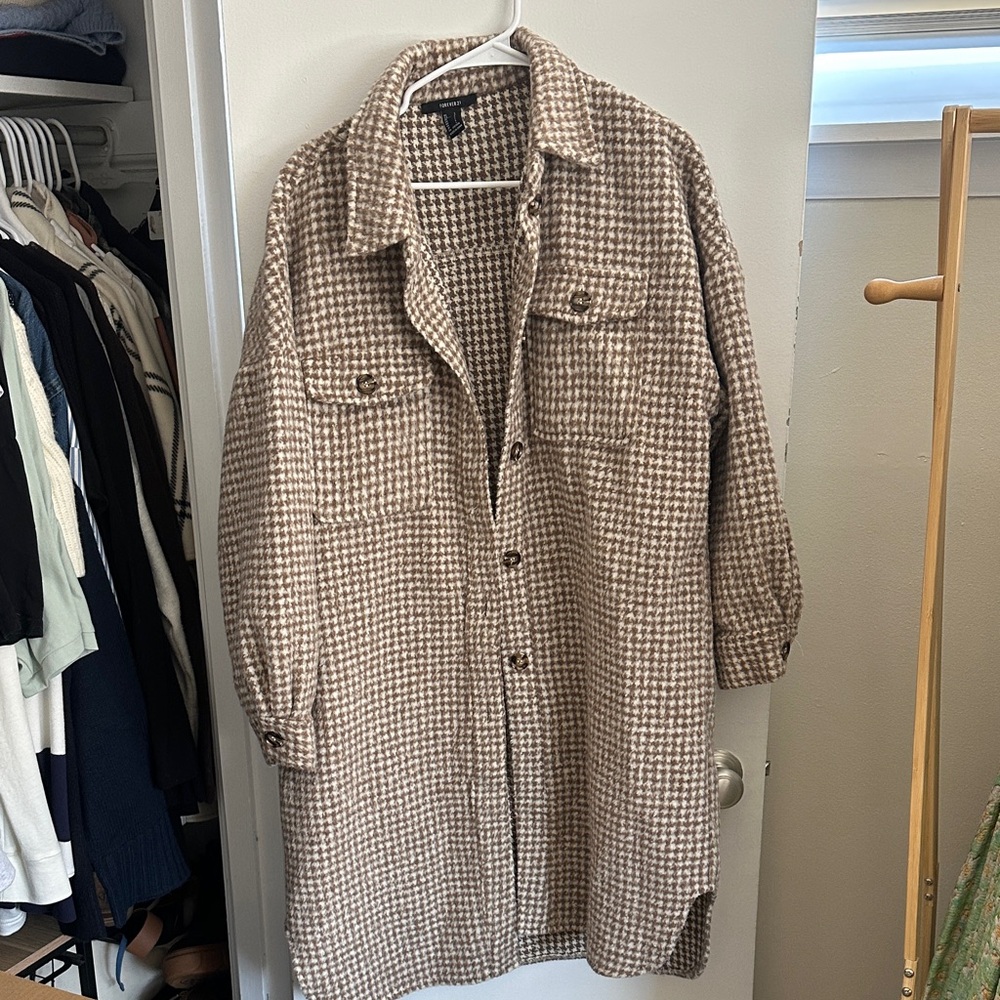 Women's Beige Houndstooth Long Coat